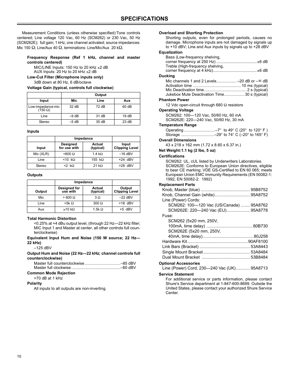 Specifications | Shure SCM262 User Manual | Page 10 / 12