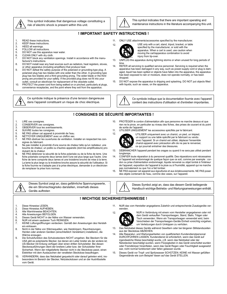 Important safety instructions, Consignes de sécurité importantes, Wichtige sicherheitshinweise | Shure SCM262 User Manual | Page 2 / 12