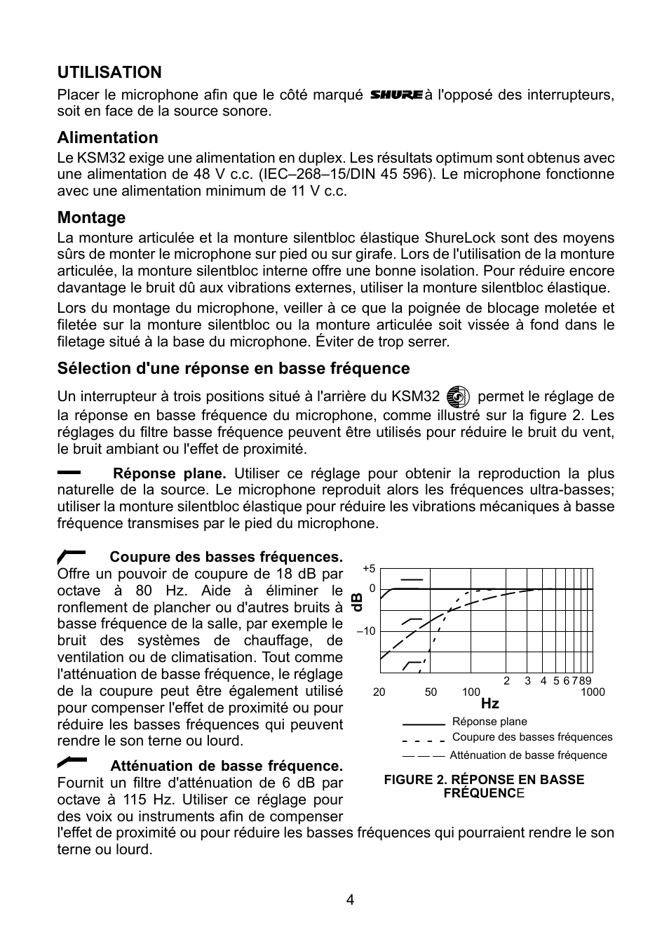 Utilisation, Alimentation, Montage | Sélection d'une réponse en basse fréquence | Shure KSM32 User Manual | Page 13 / 51