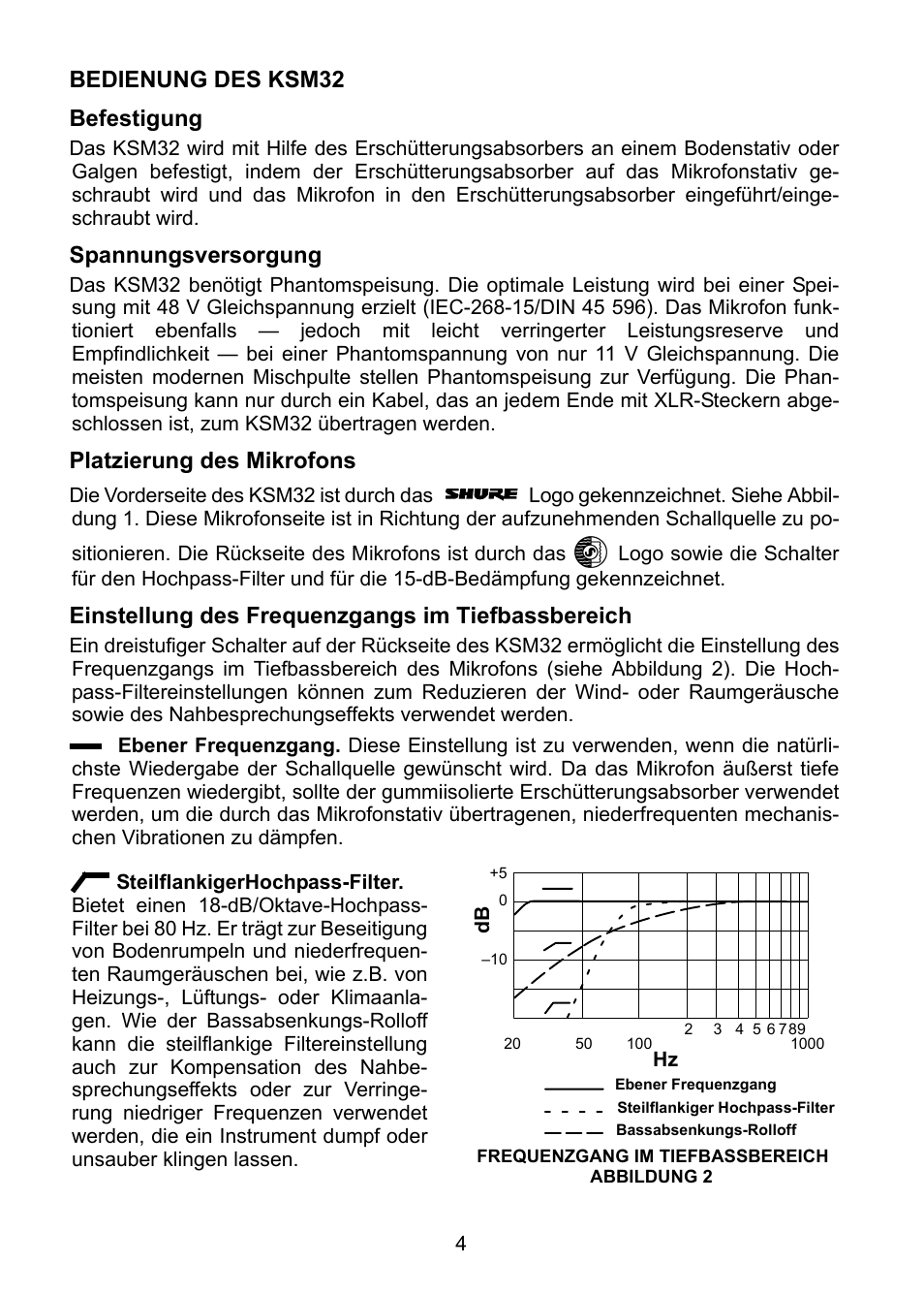 Bedienung des ksm32 befestigung, Spannungsversorgung, Platzierung des mikrofons | Einstellung des frequenzgangs im tiefbassbereich | Shure KSM32 User Manual | Page 21 / 51