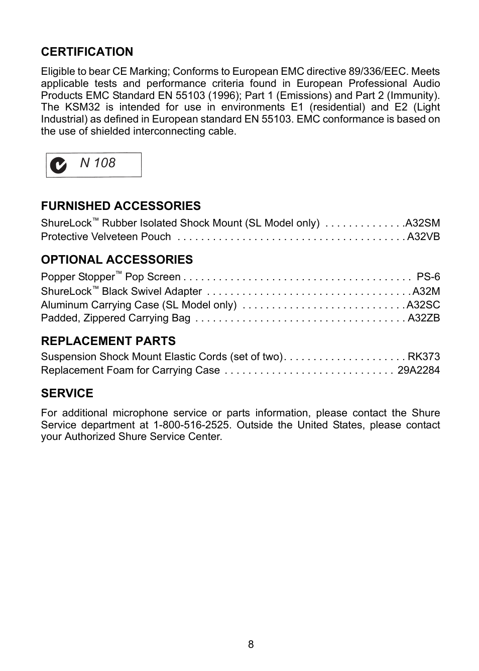 N 108 | Shure KSM32 User Manual | Page 9 / 51