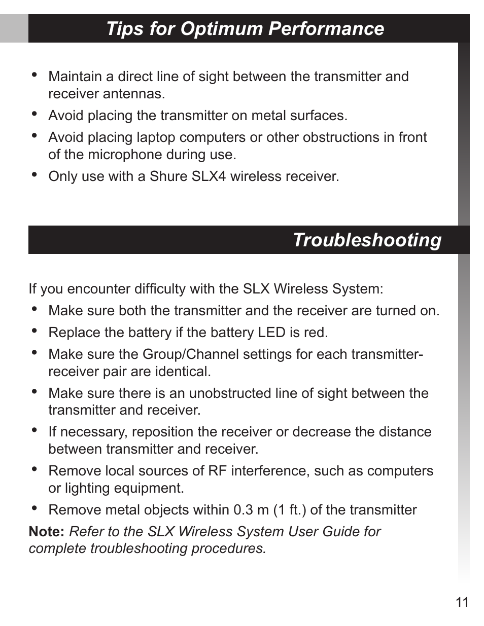 Troubleshooting, Tips for optimum performance | Shure MX690 User Manual | Page 11 / 20