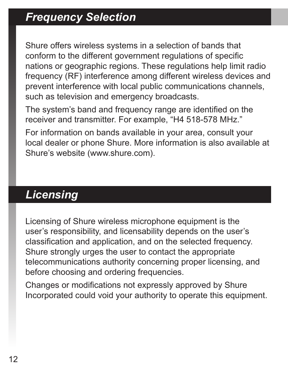 Frequency selection, Licensing | Shure MX690 User Manual | Page 12 / 20