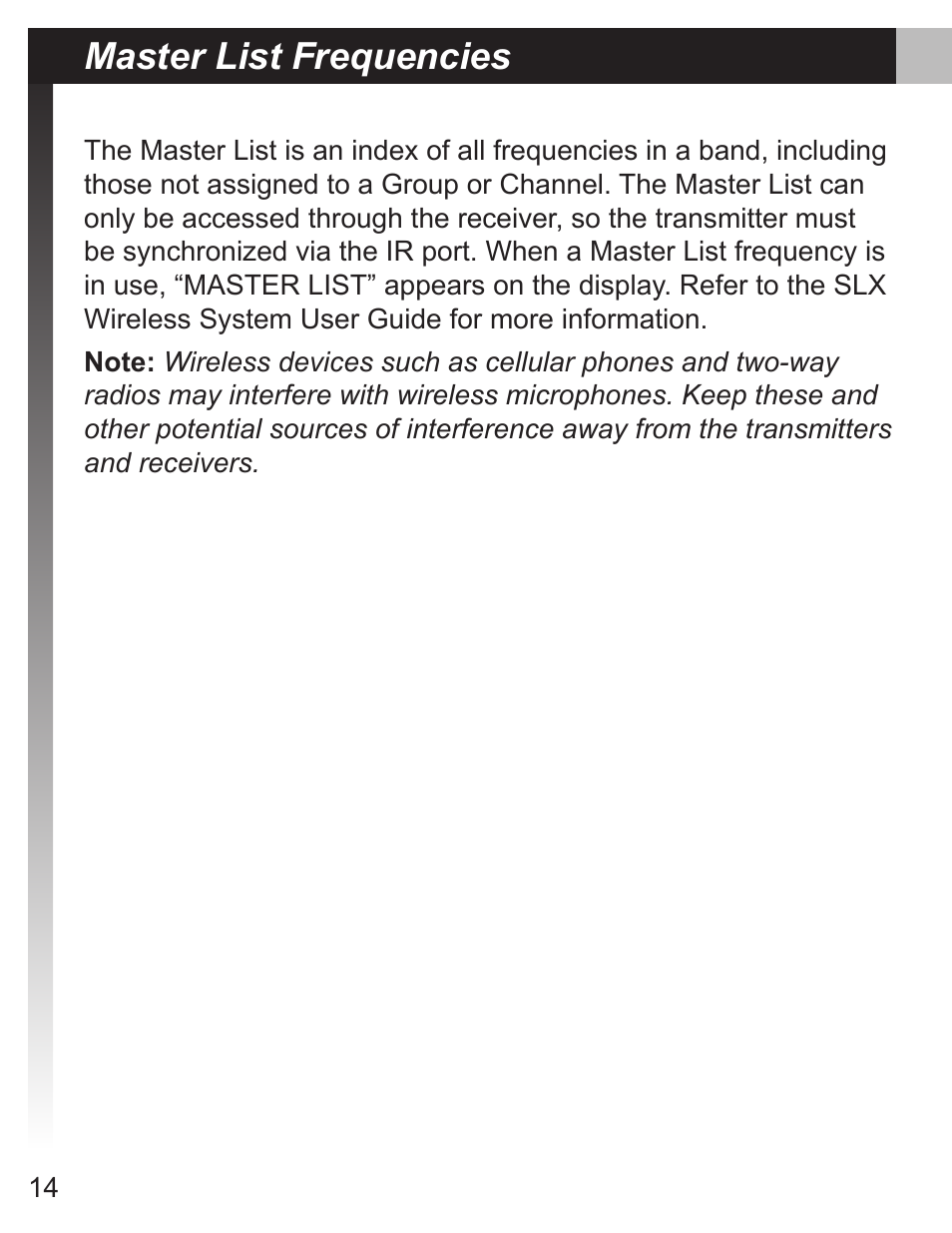 Master list frequencies | Shure MX690 User Manual | Page 14 / 20