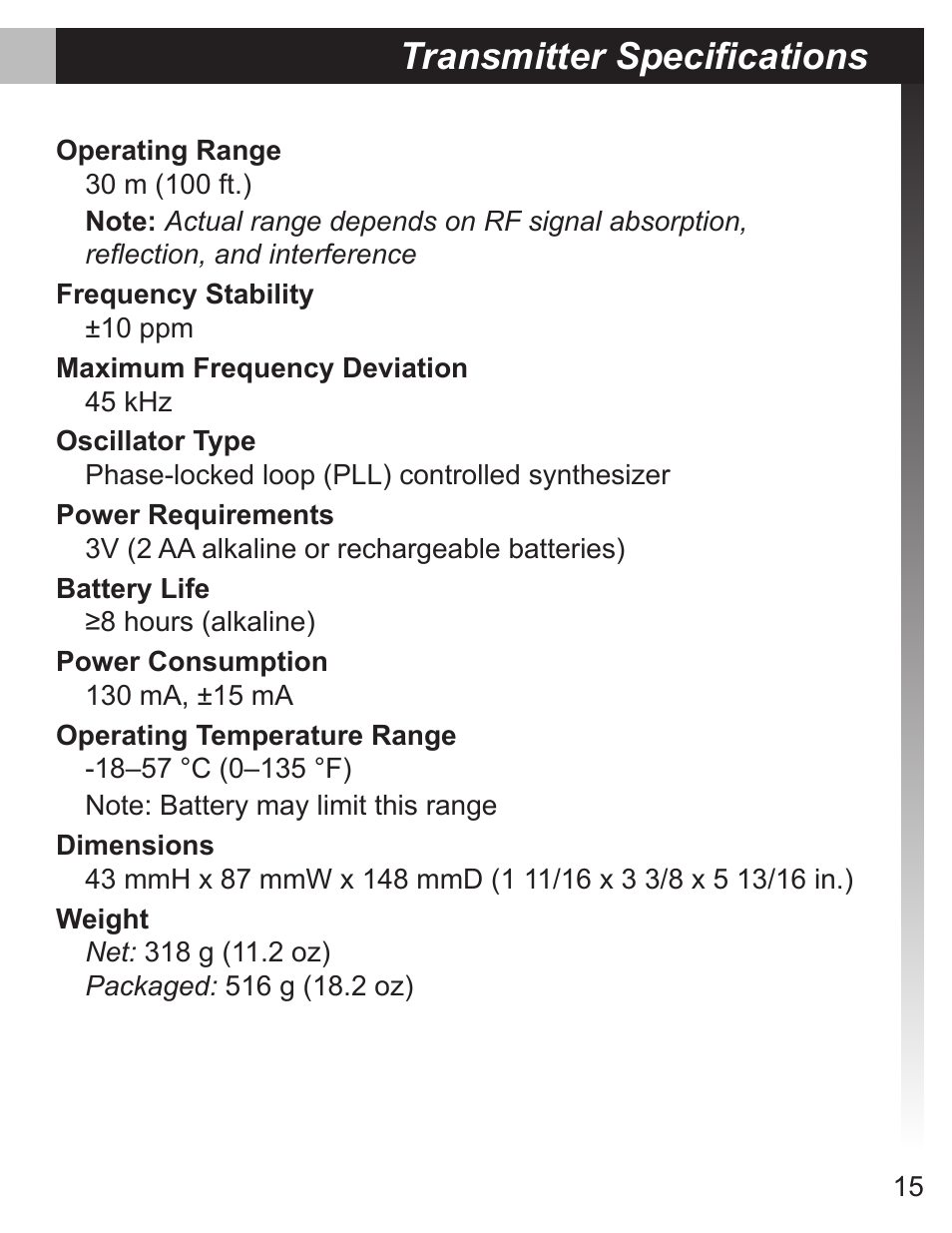 Transmitter specifications | Shure MX690 User Manual | Page 15 / 20