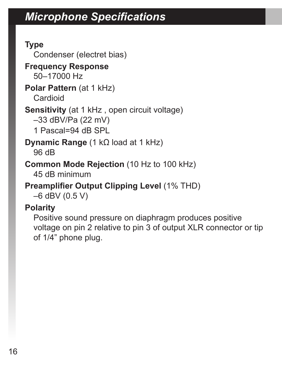 Microphone specifications | Shure MX690 User Manual | Page 16 / 20