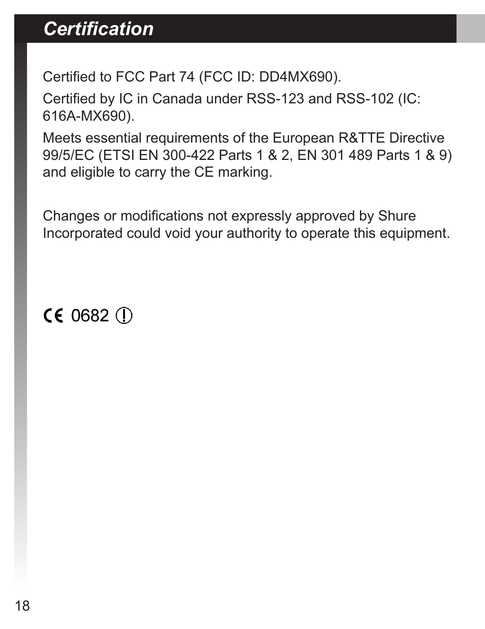 Certification | Shure MX690 User Manual | Page 18 / 20