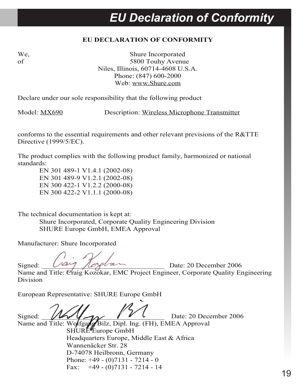 Eu declaration of conformity | Shure MX690 User Manual | Page 19 / 20