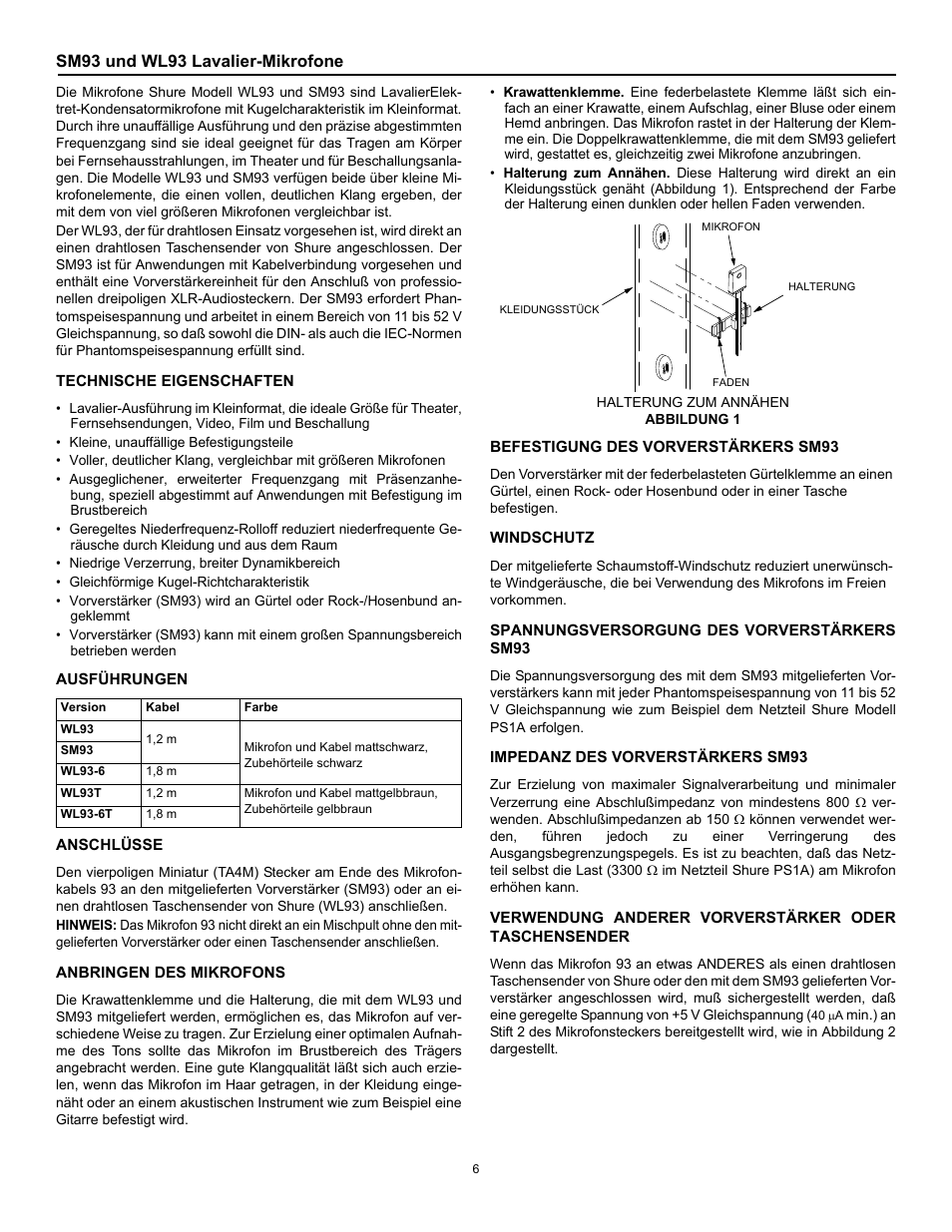 Sm93 und wl93 lavalier-mikrofone | Shure MICROPHONE WL93 User Manual | Page 6 / 12