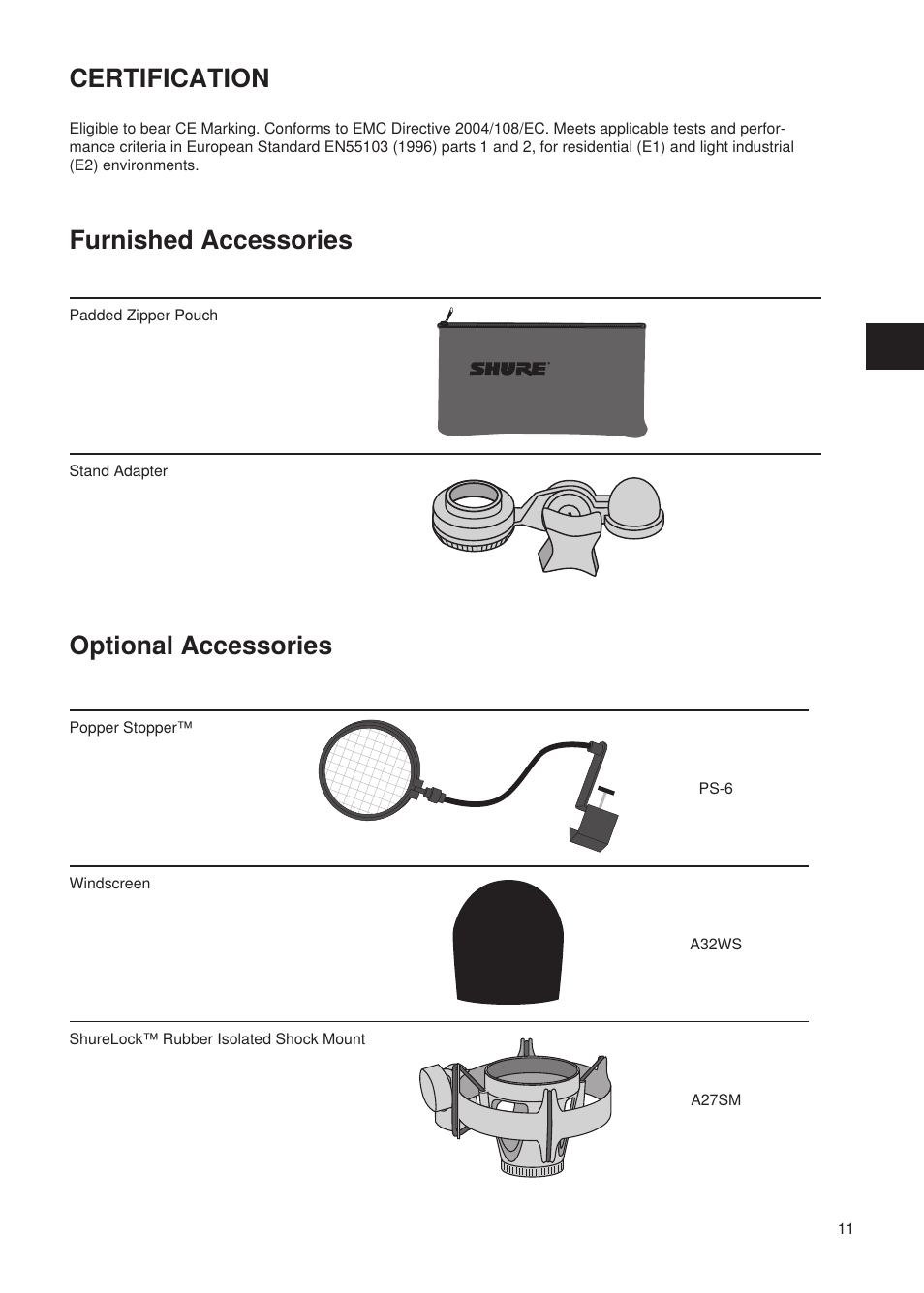 Optional accessories certification, Furnished accessories | Shure Wired Microphone PG27 User Manual | Page 10 / 58