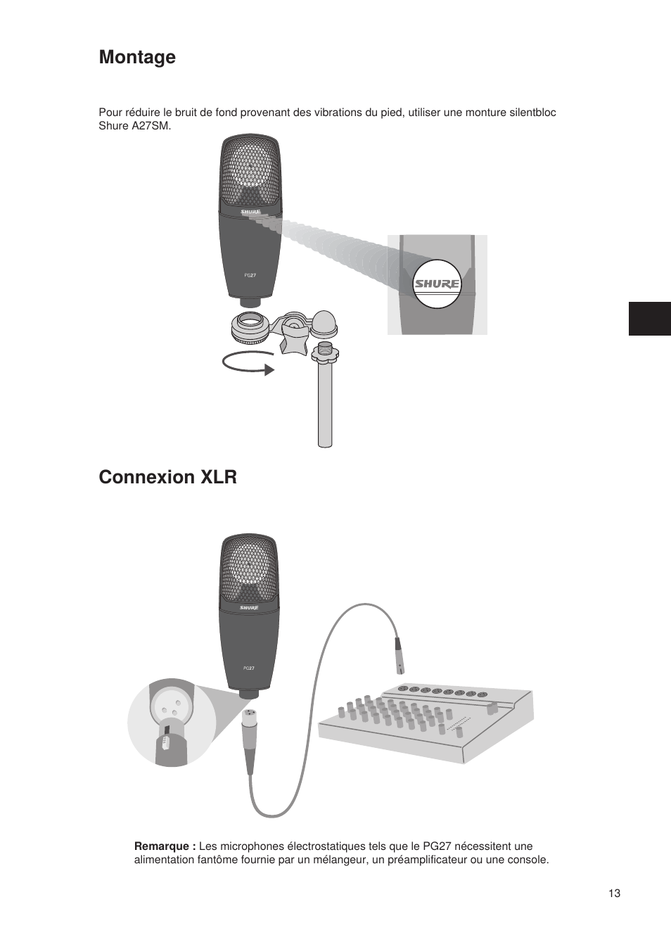 Connexion xlr montage | Shure Wired Microphone PG27 User Manual | Page 12 / 58