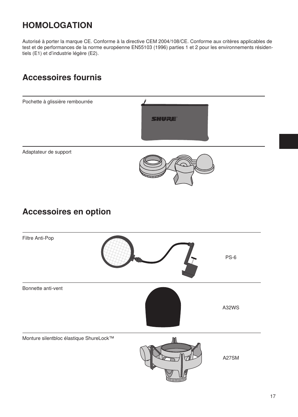 Accessoires en option homologation, Accessoires fournis | Shure Wired Microphone PG27 User Manual | Page 16 / 58