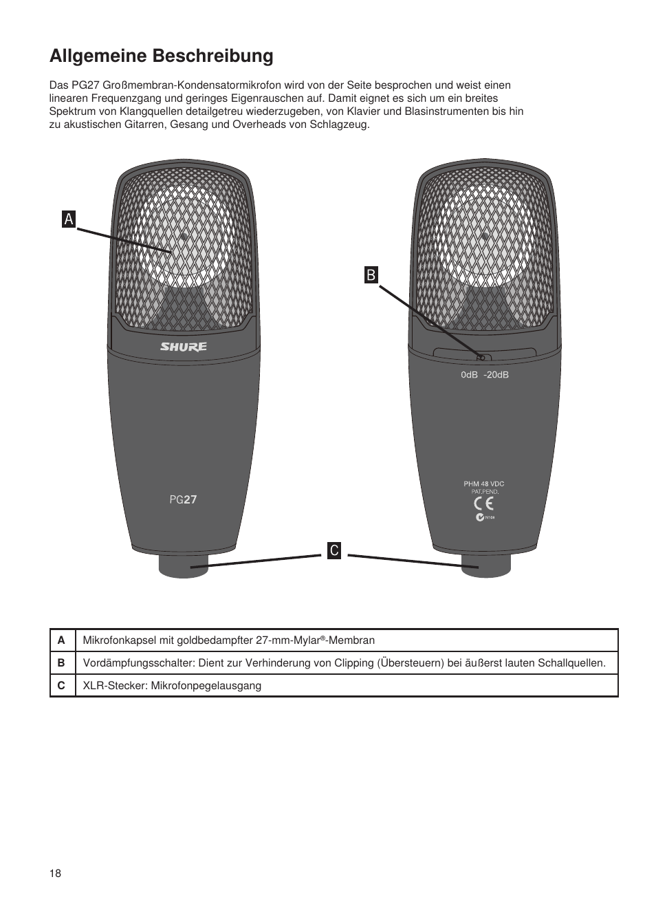 Allgemeine beschreibung | Shure Wired Microphone PG27 User Manual | Page 17 / 58