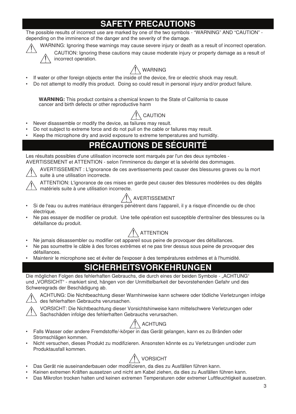 Safety precautions, Précautions de sécurité, Sicherheitsvorkehrungen | Shure Wired Microphone PG27 User Manual | Page 2 / 58