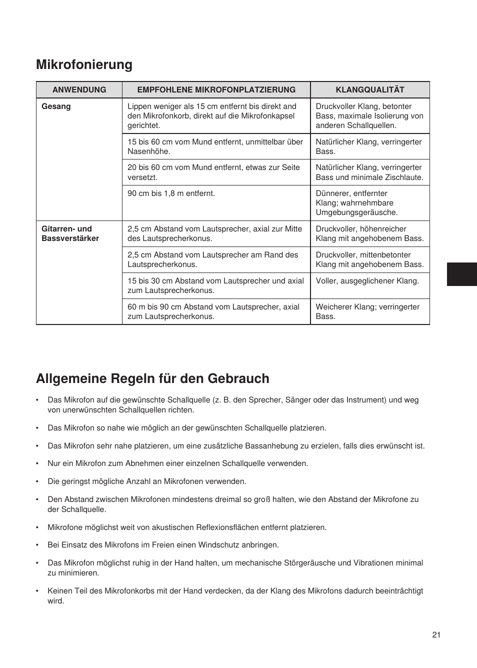 Allgemeine regeln für den gebrauch, Mikrofonierung | Shure Wired Microphone PG27 User Manual | Page 20 / 58