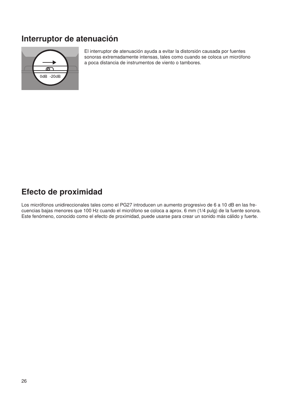 Interruptor de atenuación, Efecto de proximidad | Shure Wired Microphone PG27 User Manual | Page 25 / 58
