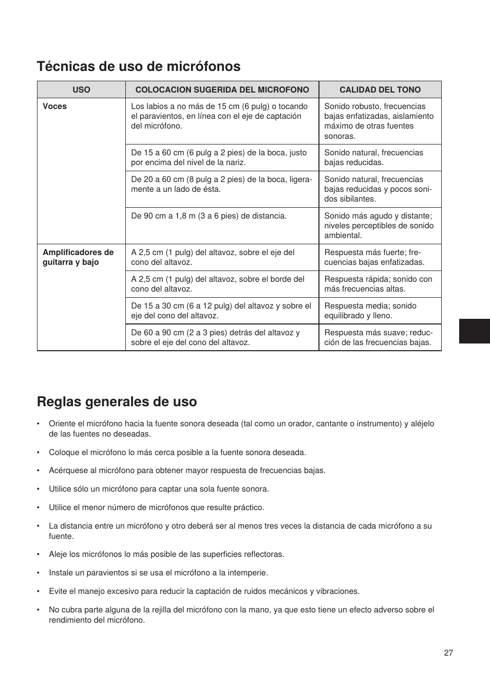 Reglas generales de uso, Técnicas de uso de micrófonos | Shure Wired Microphone PG27 User Manual | Page 26 / 58