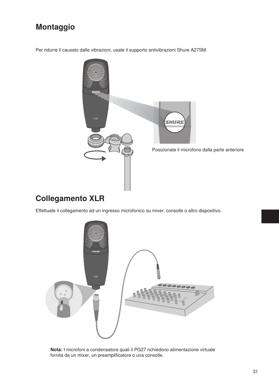 Collegamento xlr, Montaggio | Shure Wired Microphone PG27 User Manual | Page 30 / 58