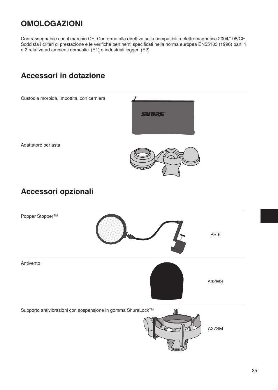 Accessori opzionali omologazioni, Accessori in dotazione | Shure Wired Microphone PG27 User Manual | Page 34 / 58
