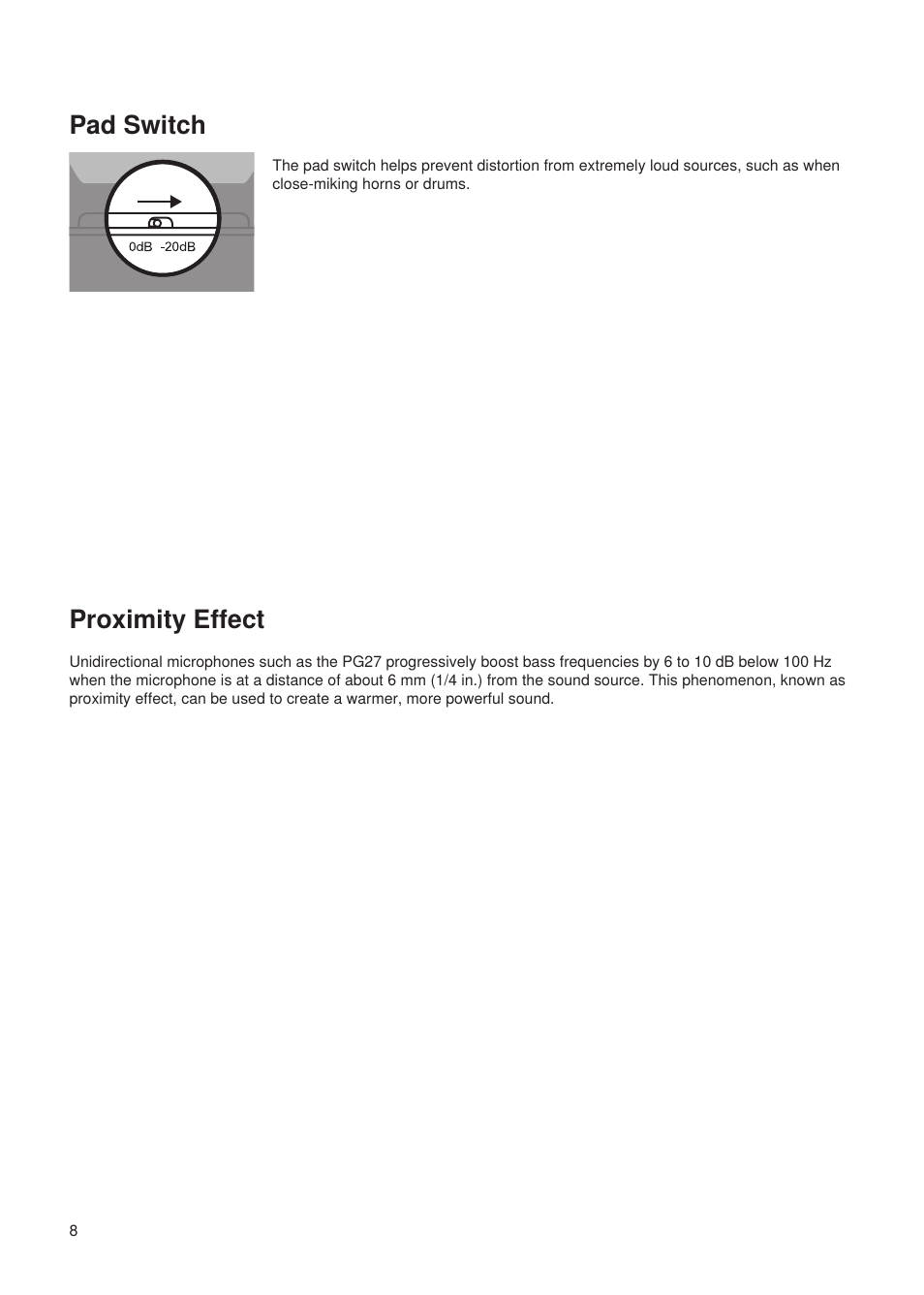 Pad switch, Proximity effect | Shure Wired Microphone PG27 User Manual | Page 7 / 58
