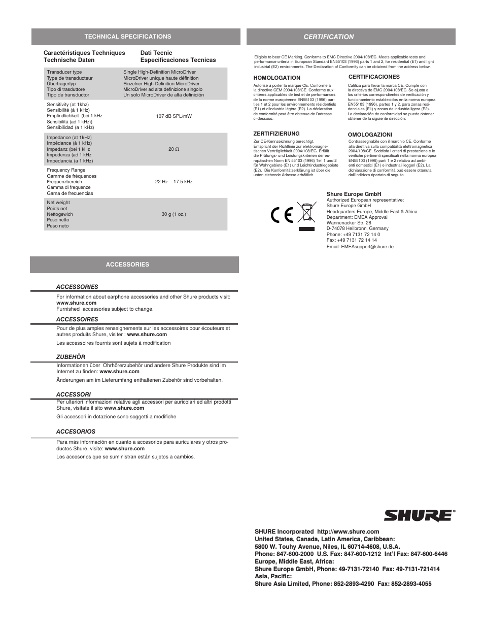 Certification | Shure SE215 User Manual | Page 3 / 3