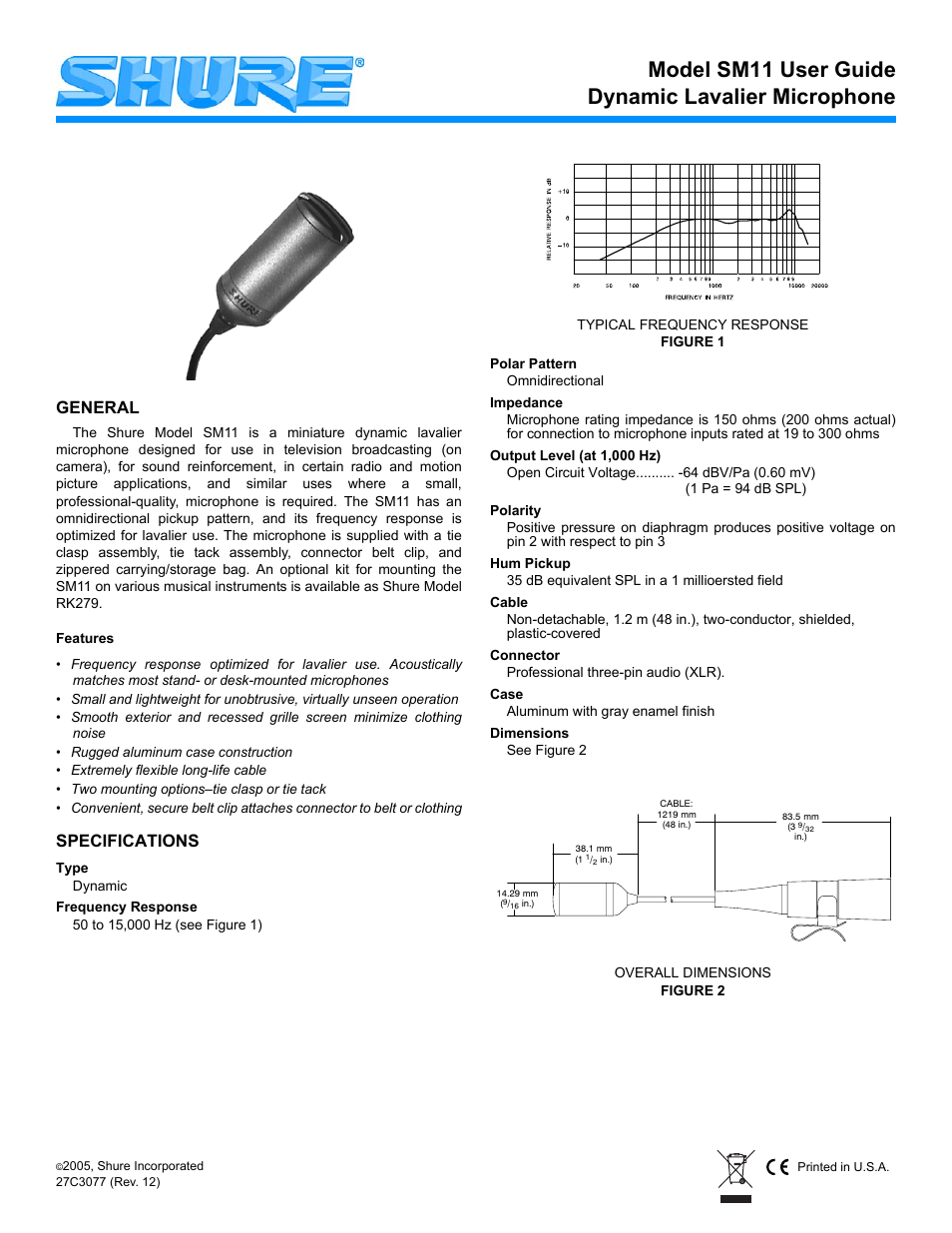 Shure SM11 User Manual | 2 pages