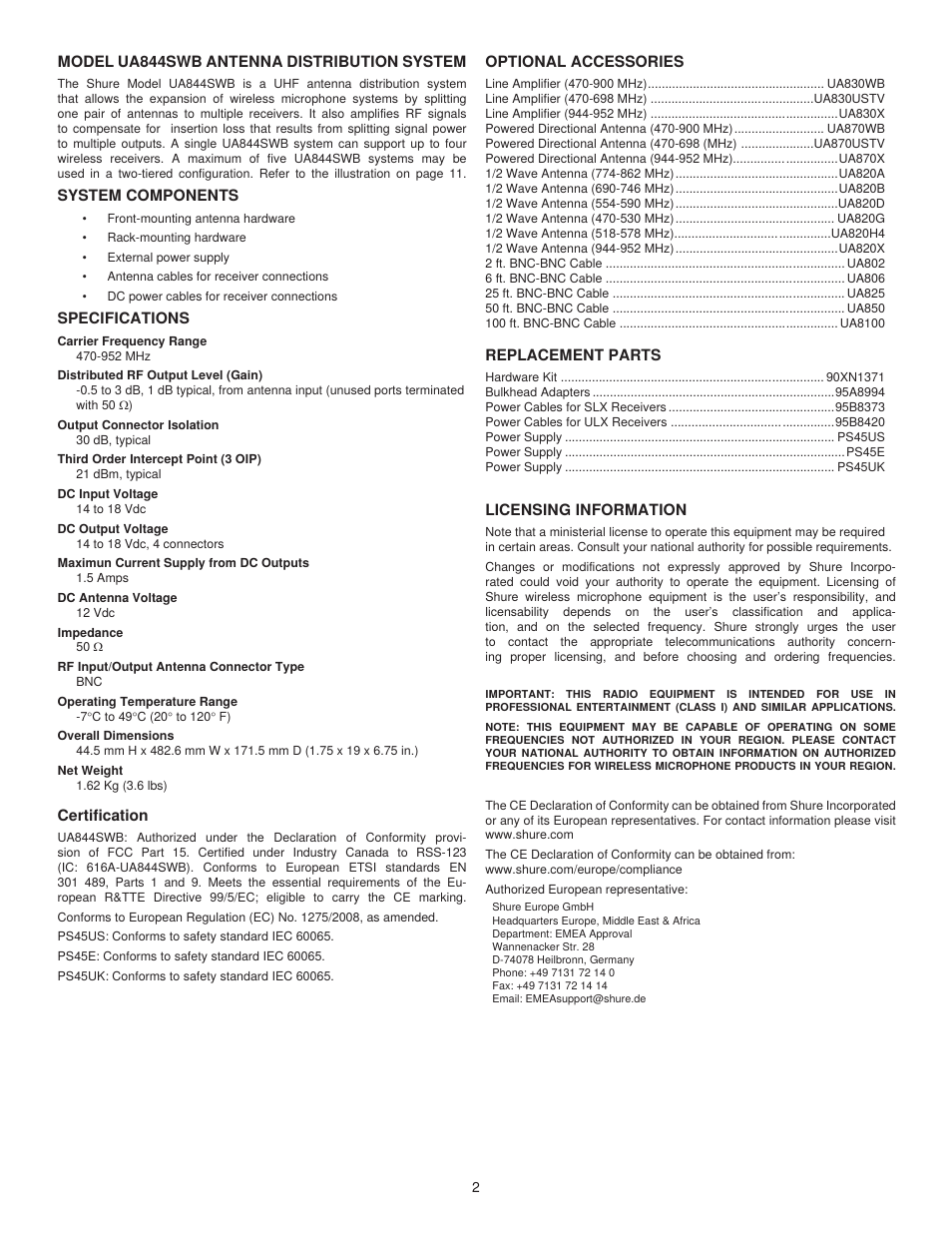 Shure UA844SWB User Manual | Page 2 / 12