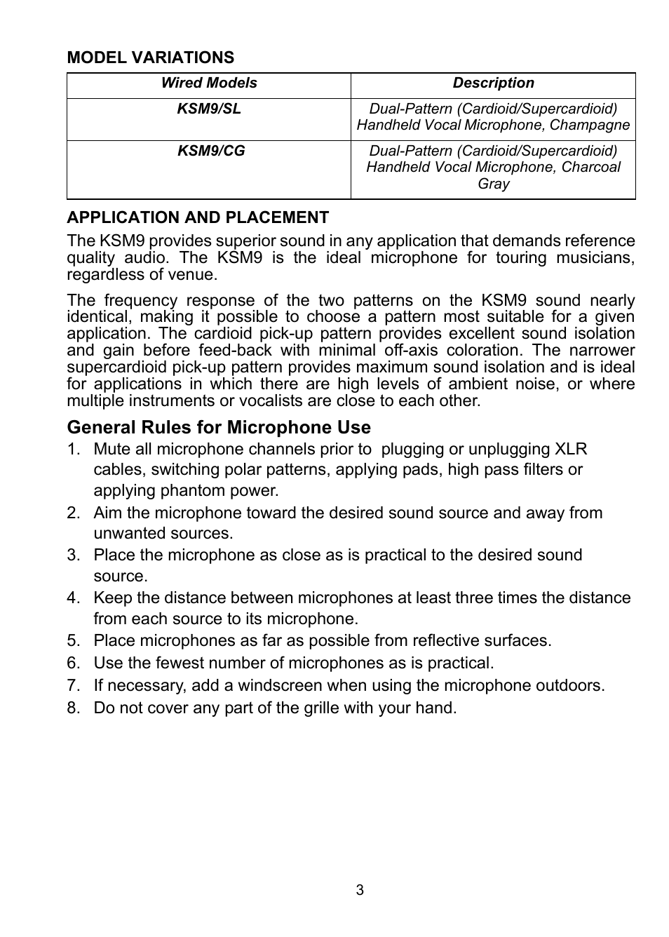 General rules for microphone use | Shure KSM9 User Manual | Page 5 / 10