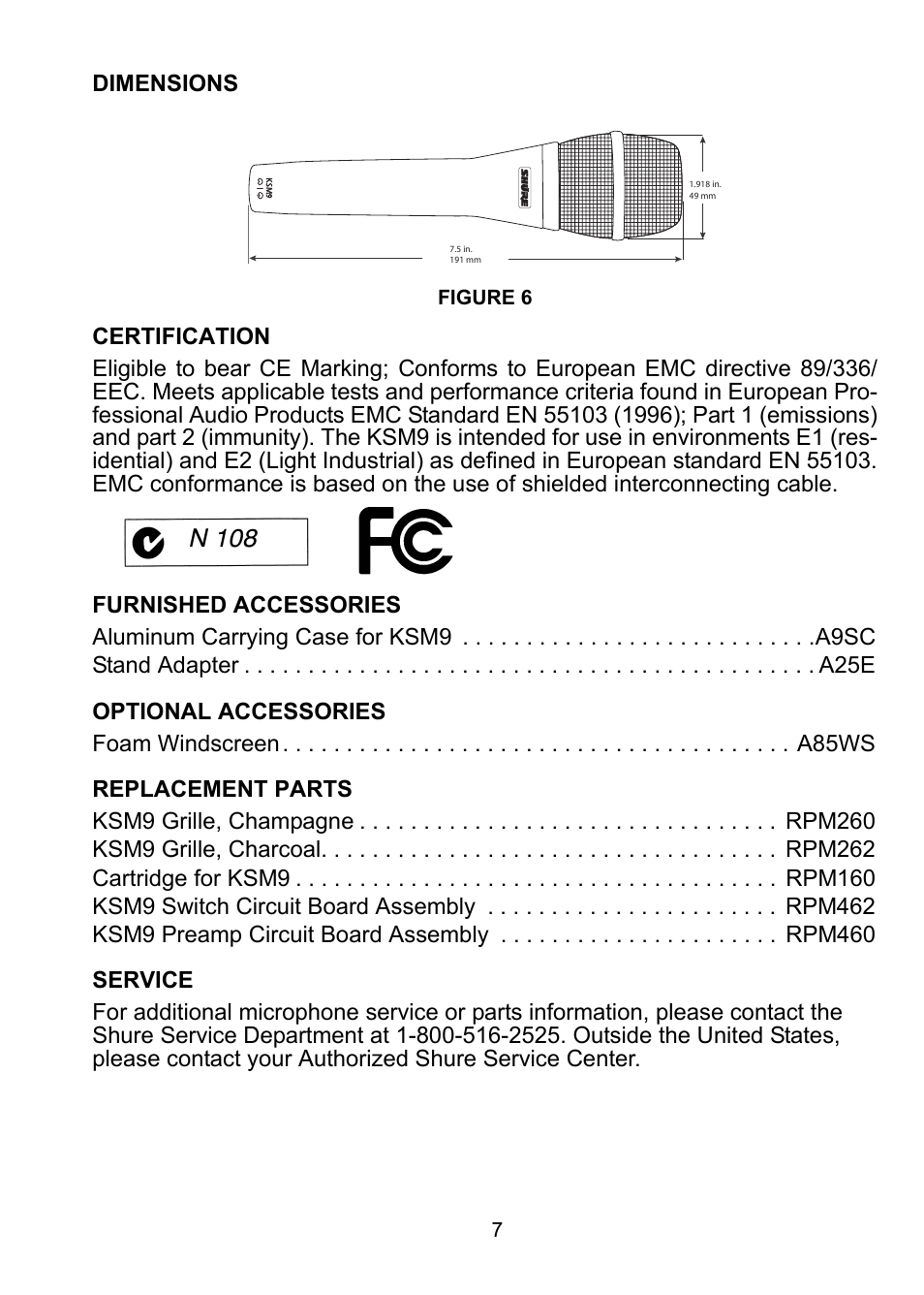 N 108, Dimensions | Shure KSM9 User Manual | Page 9 / 10
