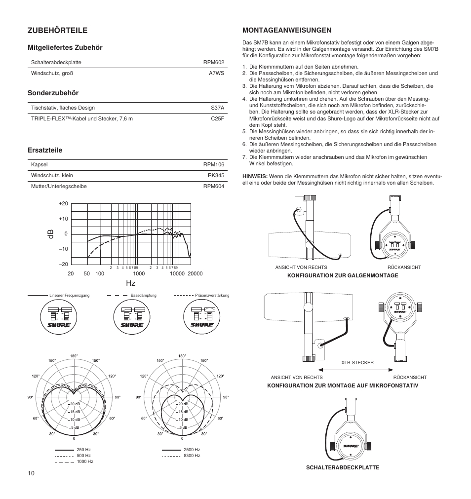 Zubehörteile, Montageanweisungen, Mitgeliefertes zubehör | Sonderzubehör, Ersatzteile | Shure LEGENDARY PERFORMANCE SM7B User Manual | Page 10 / 24