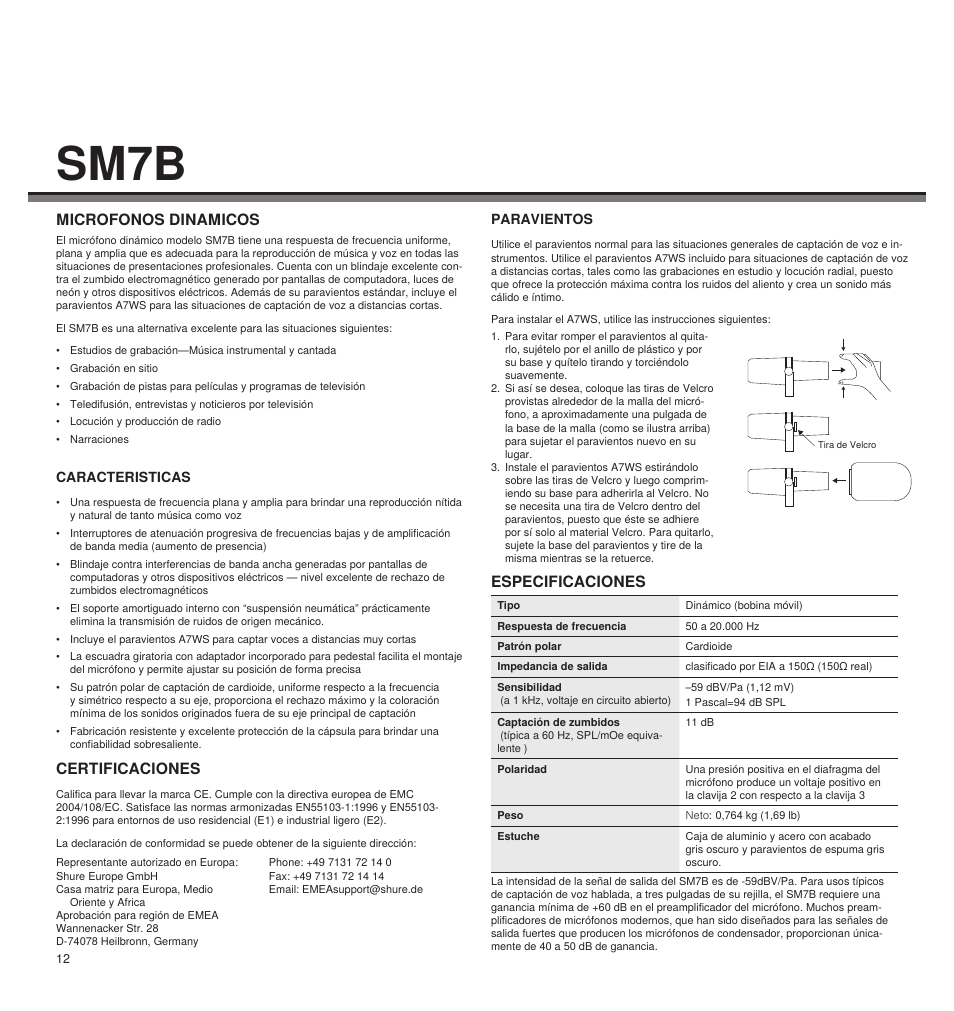 Sm7b, Microfonos dinamicos, Especificaciones | Certificaciones | Shure LEGENDARY PERFORMANCE SM7B User Manual | Page 12 / 24