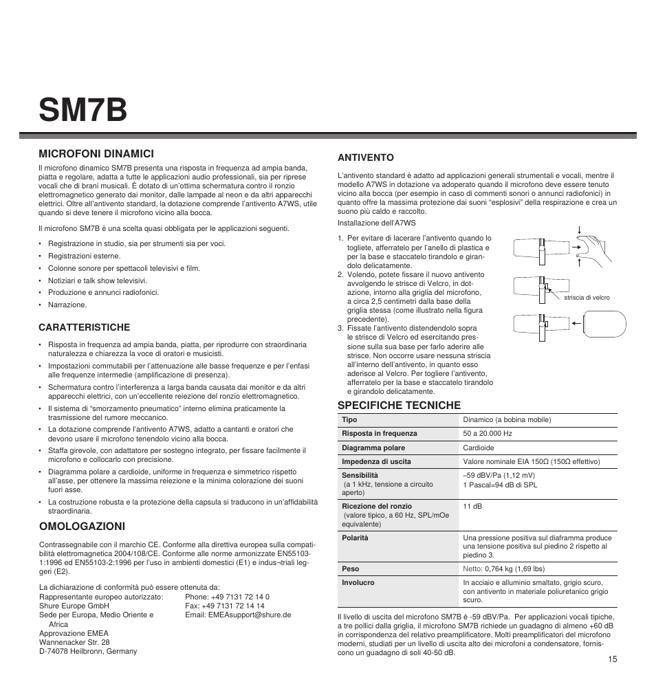 Sm7b, Microfoni dinamici, Specifiche tecniche | Omologazioni | Shure LEGENDARY PERFORMANCE SM7B User Manual | Page 15 / 24