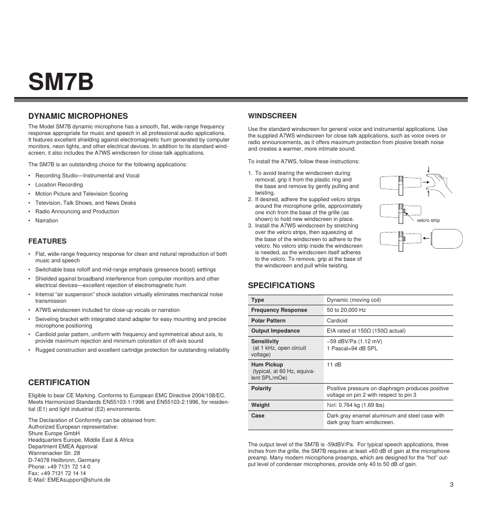 Sm7b, Dynamic microphones, Specifications | Certification | Shure LEGENDARY PERFORMANCE SM7B User Manual | Page 3 / 24