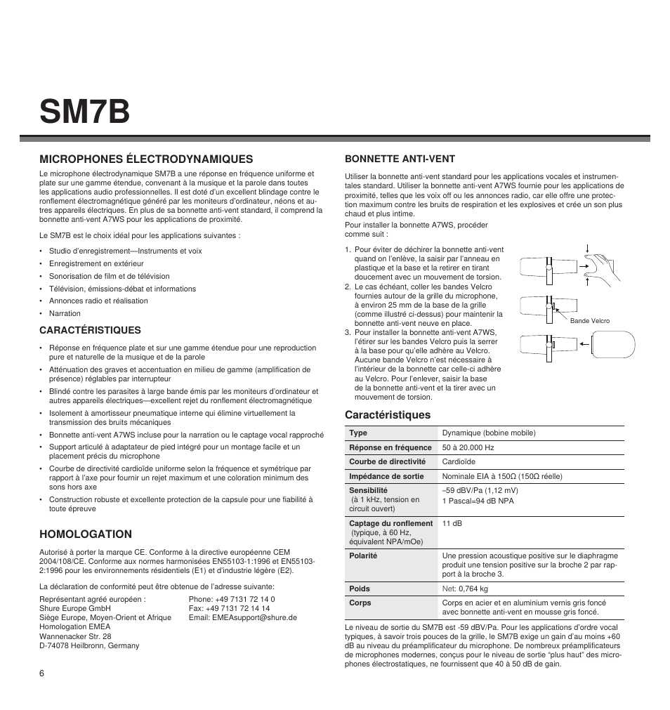 Sm7b, Microphones électrodynamiques, Caractéristiques | Homologation | Shure LEGENDARY PERFORMANCE SM7B User Manual | Page 6 / 24