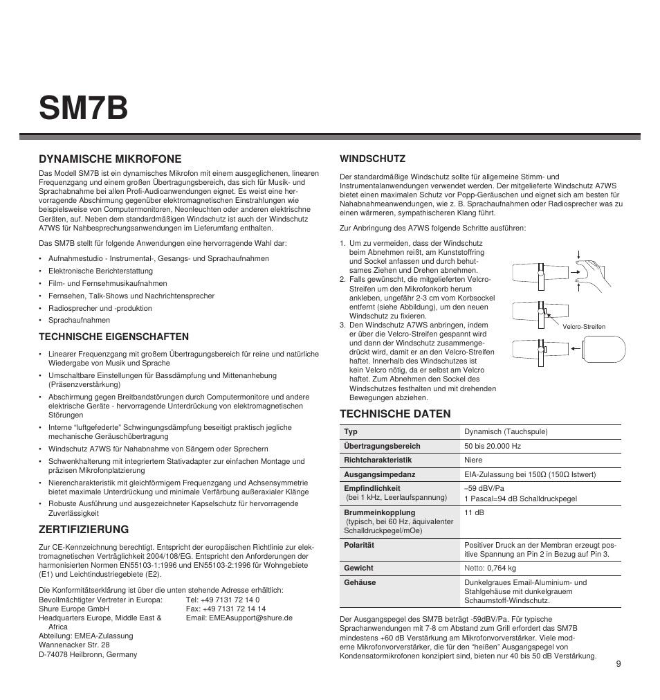 Sm7b, Dynamische mikrofone, Technische daten | Zertifizierung | Shure LEGENDARY PERFORMANCE SM7B User Manual | Page 9 / 24