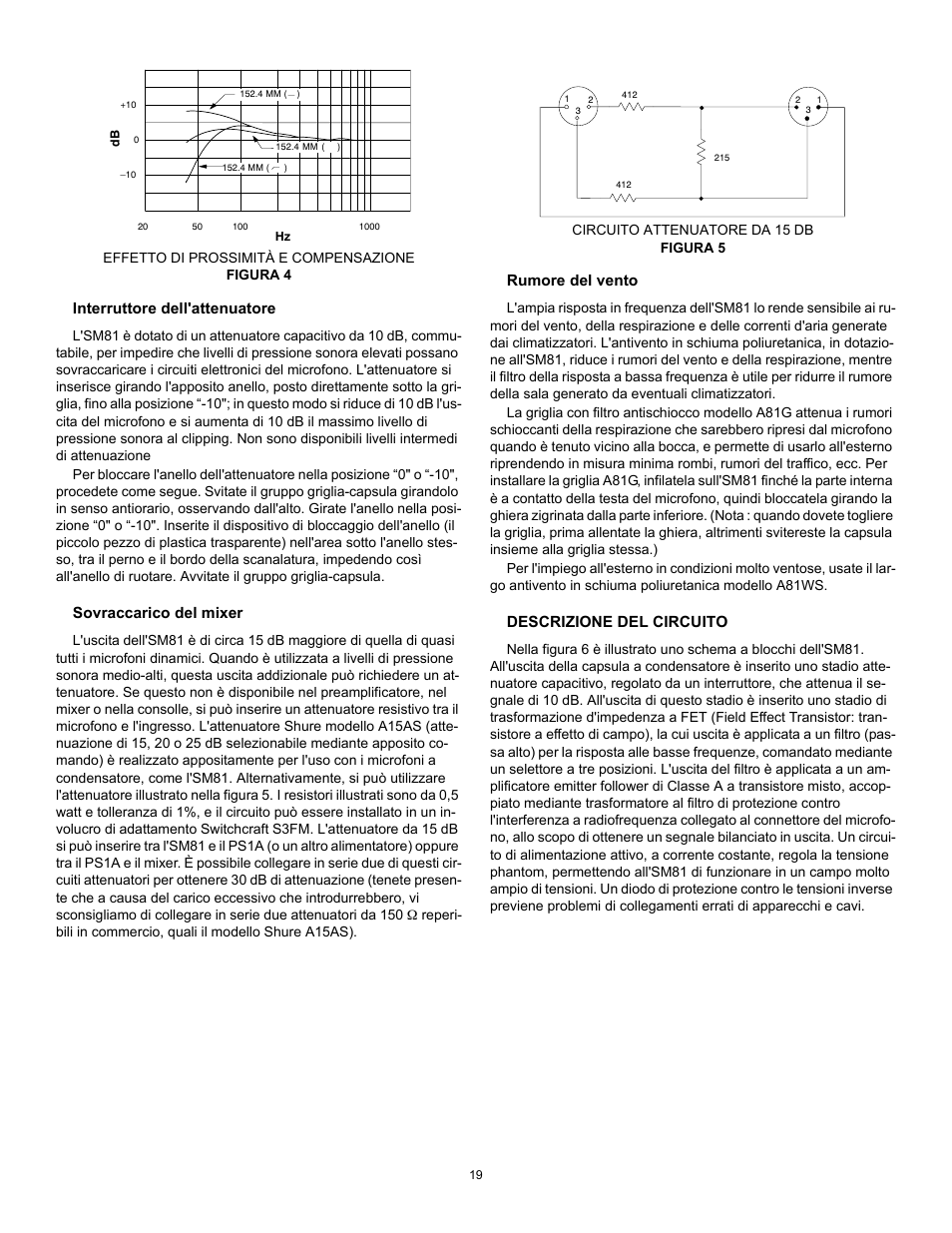 Interruttore dell'attenuatore, Sovraccarico del mixer, Rumore del vento | Descrizione del circuito | Shure SM81 User Manual | Page 19 / 20