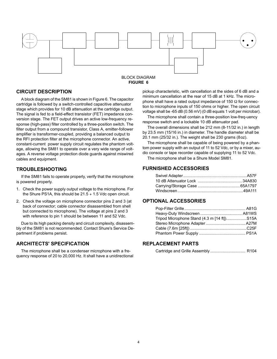 Circuit description, Troubleshooting, Architects' specification | Furnished accessories, Optional accessories, Replacement parts | Shure SM81 User Manual | Page 4 / 20