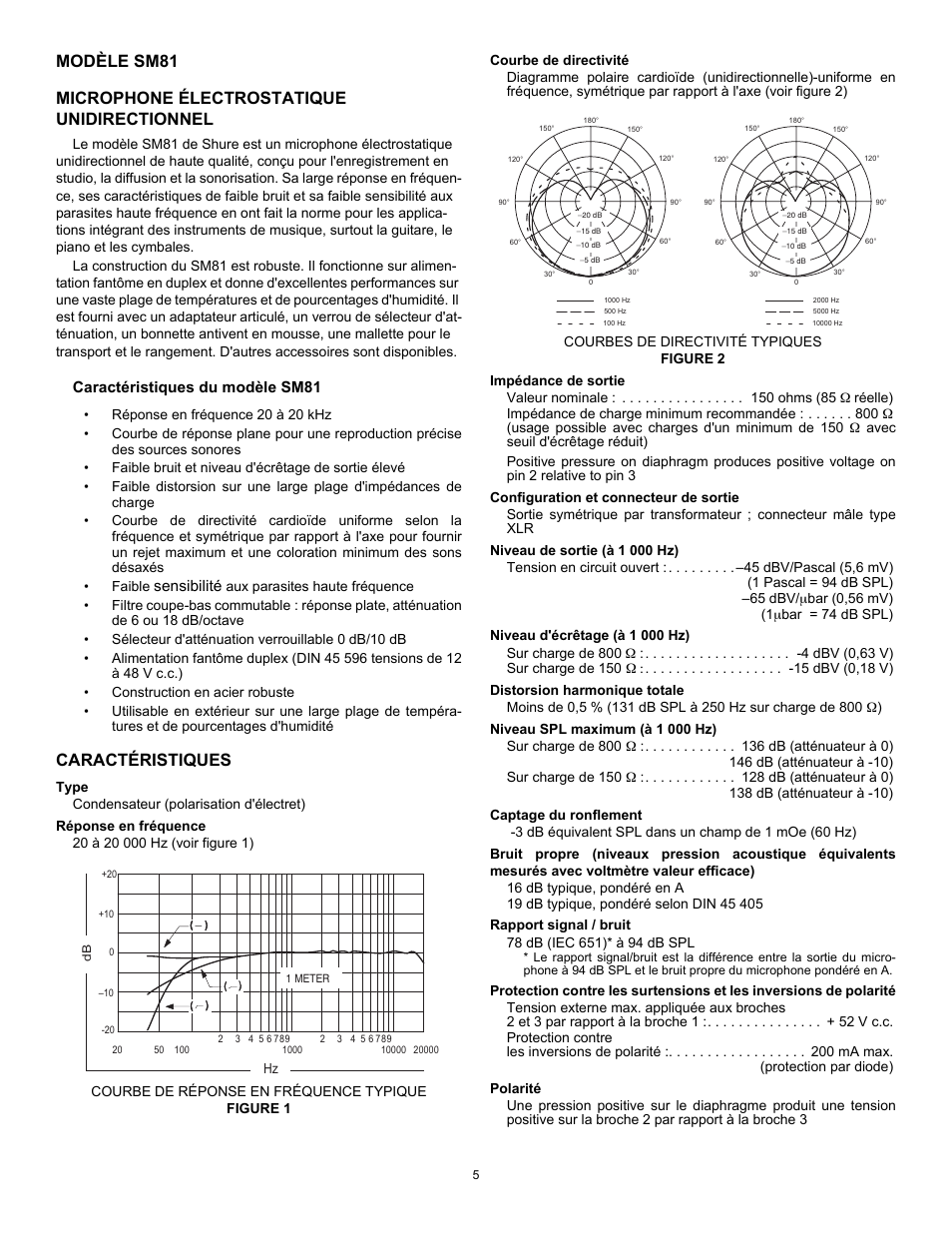 Caractéristiques, Caractéristiques du modèle sm81, Sensibilité | Shure SM81 User Manual | Page 5 / 20