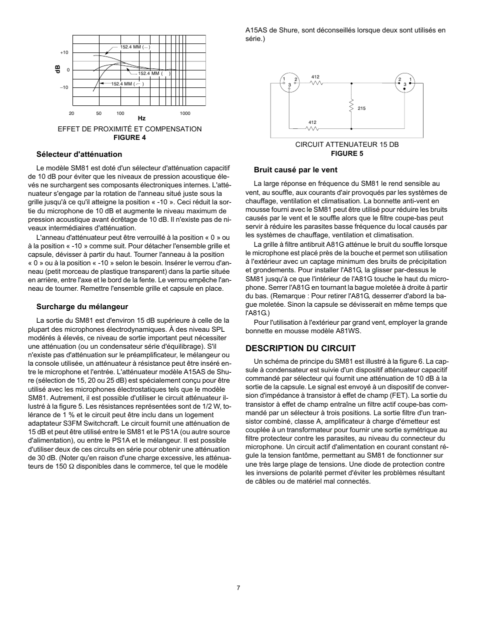 Description du circuit, Sélecteur d'atténuation, Surcharge du mélangeur | Bruit causé par le vent | Shure SM81 User Manual | Page 7 / 20