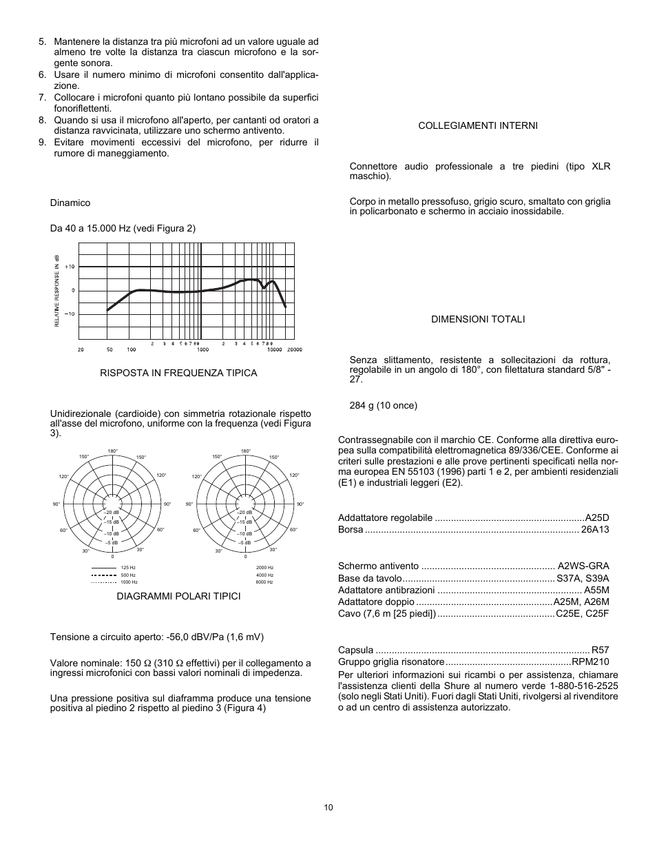 Dati tecnici, Certificazioni, Accessori in dotazione | Optional, Ricambi | Shure SM57 User Manual | Page 10 / 12