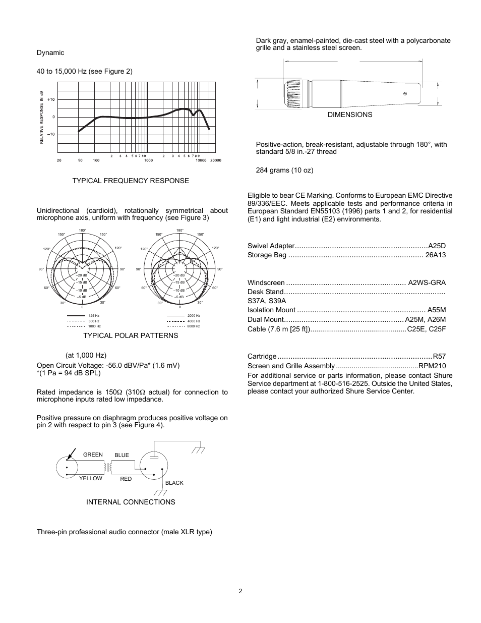 Specifications, Certification, Furnished accessories | Optional accessories, Replacement parts | Shure SM57 User Manual | Page 2 / 12