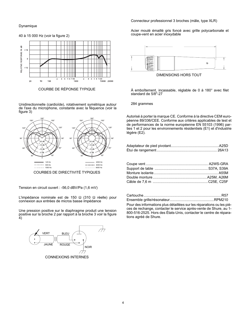 Homologation, Accessoires fournis, Accessoires en option | Pièces de rechange | Shure SM57 User Manual | Page 4 / 12