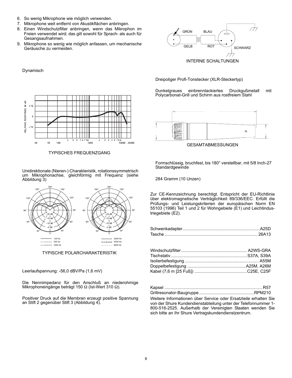 Spezifikationen, Frequenzgang, Zulassungen | Mitgeliefertes zubehör, Sonderzubehör, Ersatzteile | Shure SM57 User Manual | Page 6 / 12