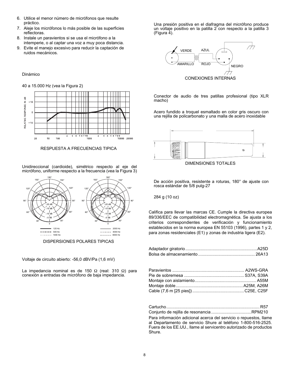 Especificaciones, Certificaciones, Accesorios suministrados | Accesorios opcionales, Repuestos | Shure SM57 User Manual | Page 8 / 12