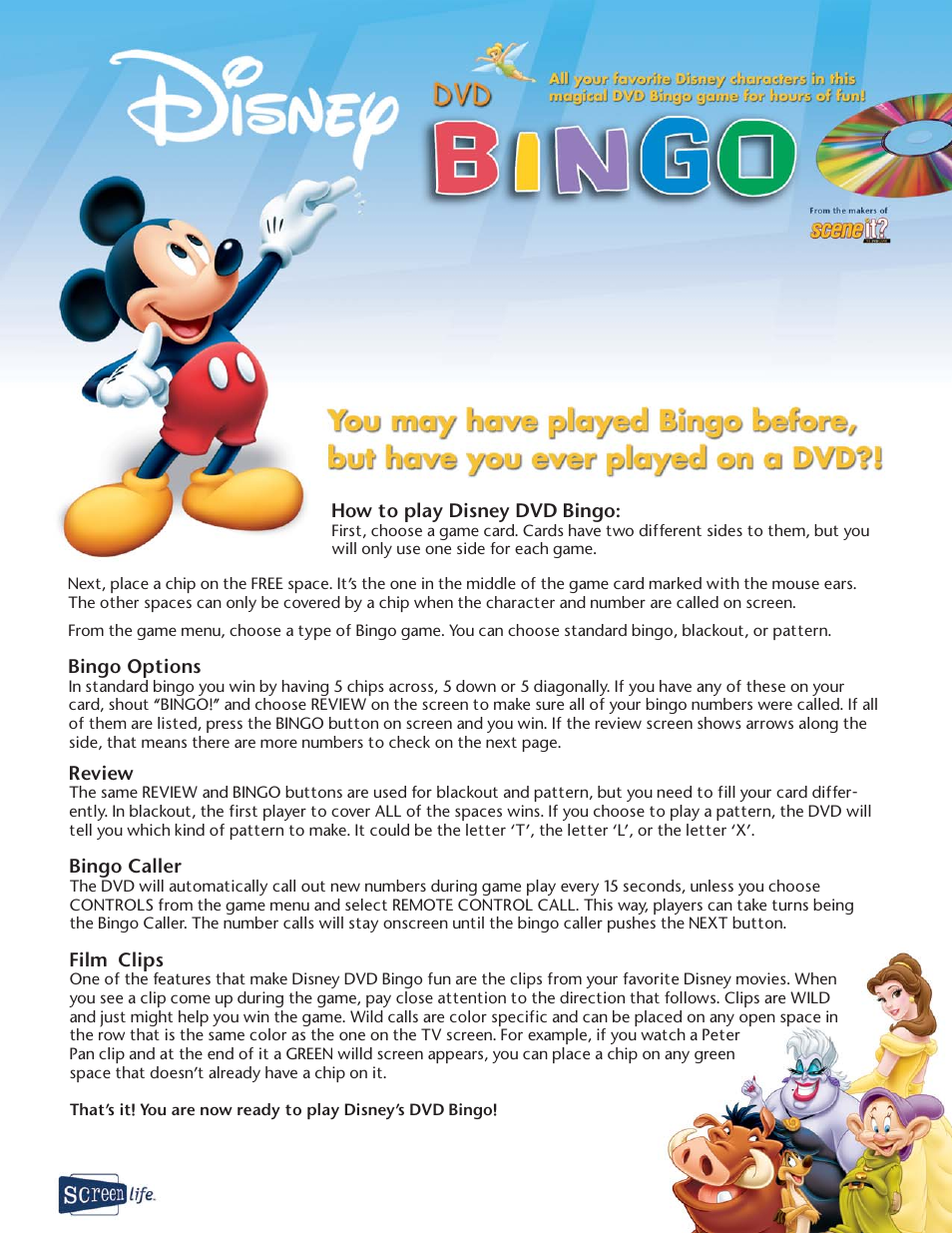 Screenlife Scene It? Disney Bingo User Manual | 1 page