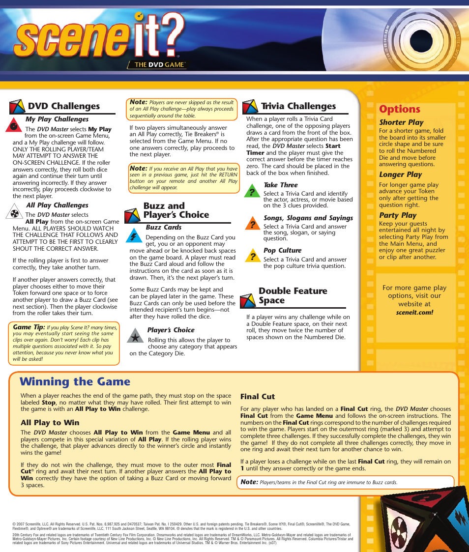 Winning the game, Options, Dvd challenges trivia challenges | Buzz and player’s choice double feature space | Screenlife Scene It? Movies 2 User Manual | Page 2 / 2