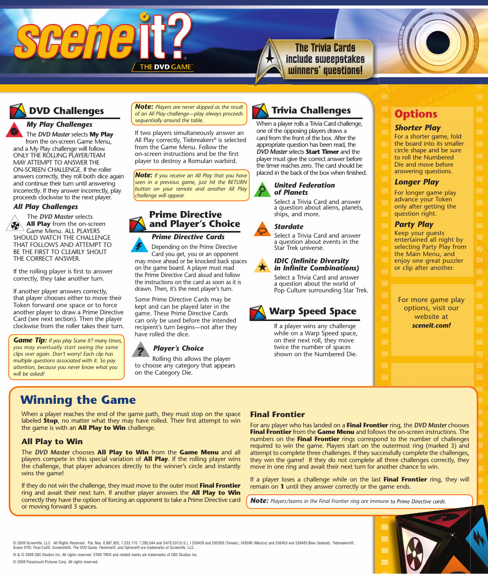 Winning the game, Options, Warp speed space | Screenlife Scene If? Star Trek User Manual | Page 2 / 2