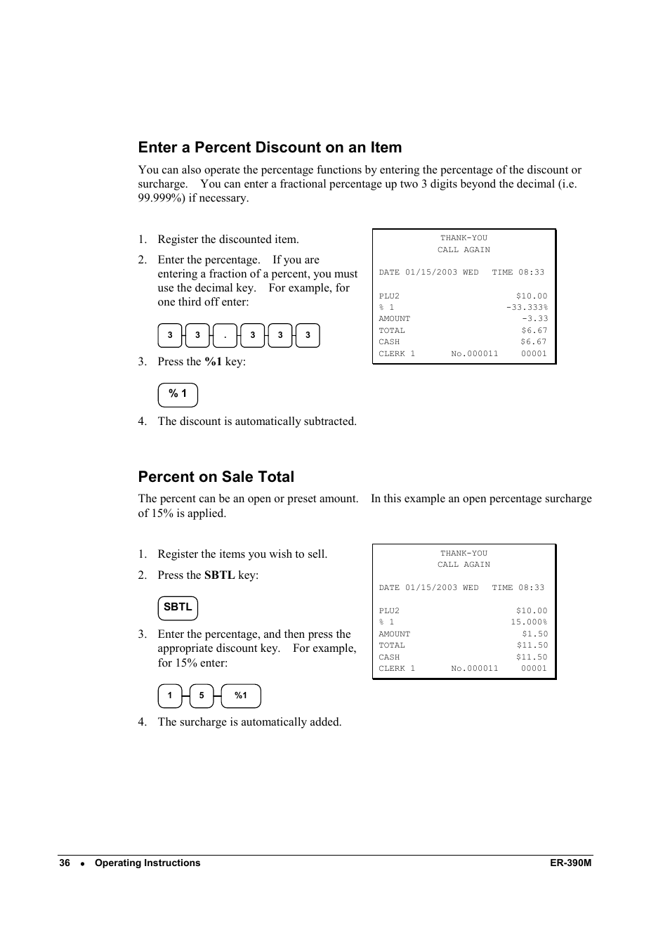 Enter a percent discount on an item, Percent on sale total | Sam4s ER-390M User Manual | Page 44 / 187