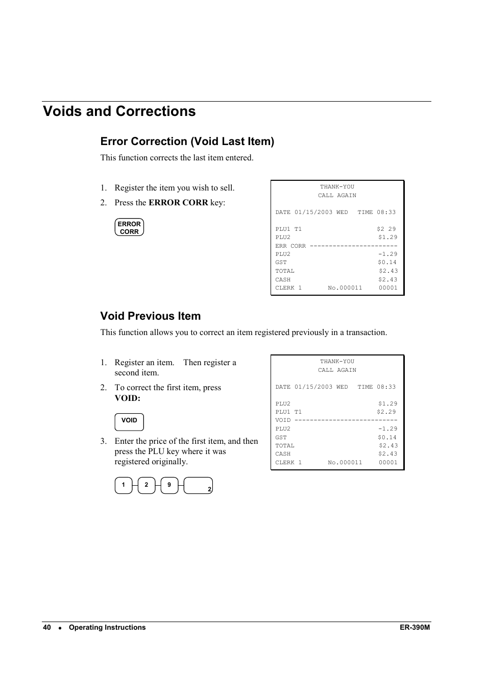 Voids and corrections, Error correction (void last item), Void previous item | Sam4s ER-390M User Manual | Page 48 / 187