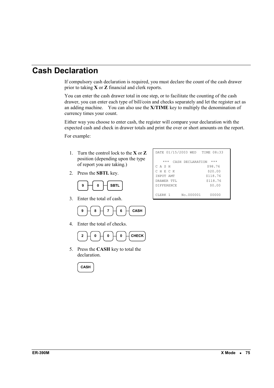 Cash declaration | Sam4s ER-390M User Manual | Page 83 / 187